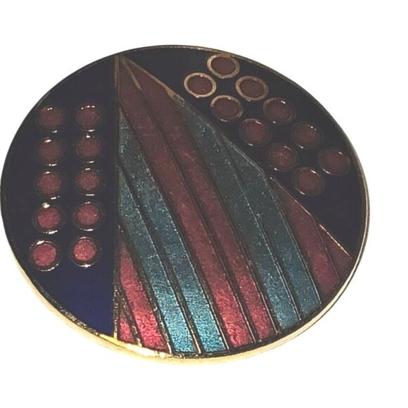 Vintage Brooch Modernist Cloisonne' Enamel Pin Red Blue Geometric Abstract Gold - Picture 2 of 8